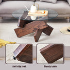 Round Glass Coffee Table, 33.4-Inch Clear Tempered Glass Top | Rustic Walnut-Finish Crossed Base, Modern Glass Center Table for Living Room, Apartment and Small Spaces