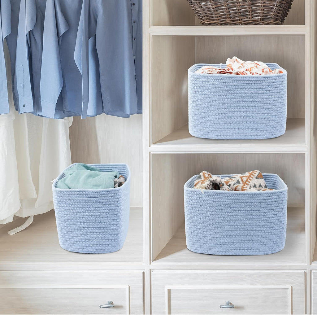 XUANGUO Woven Cotton Rope Storage Baskets 15x10x9.3" 3 Pack Light Blue | Decorative rectangular storage baskets for shelves and closets; storage bins organize clothes, toys, books and nursery items.