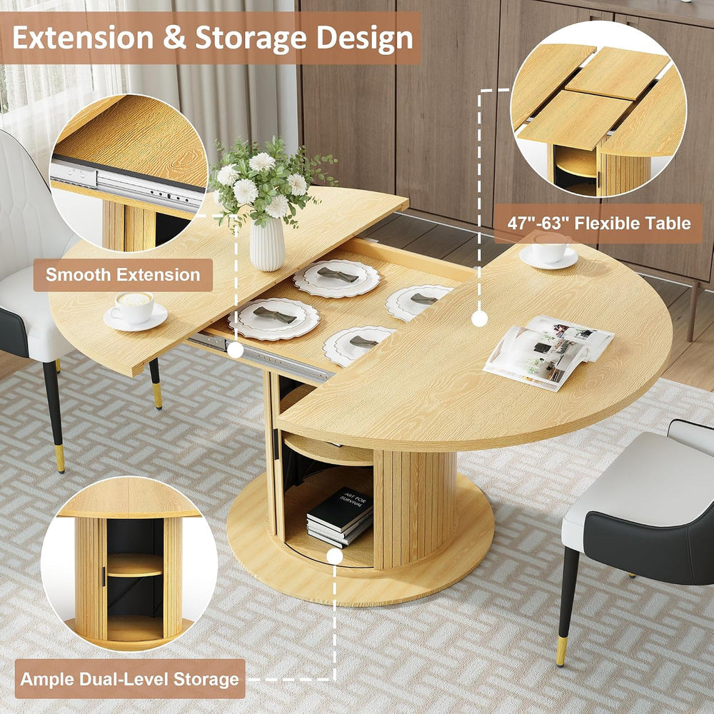 47"-63" Extendable Round-to-Oval Dining Table with Double-Layer Hid...