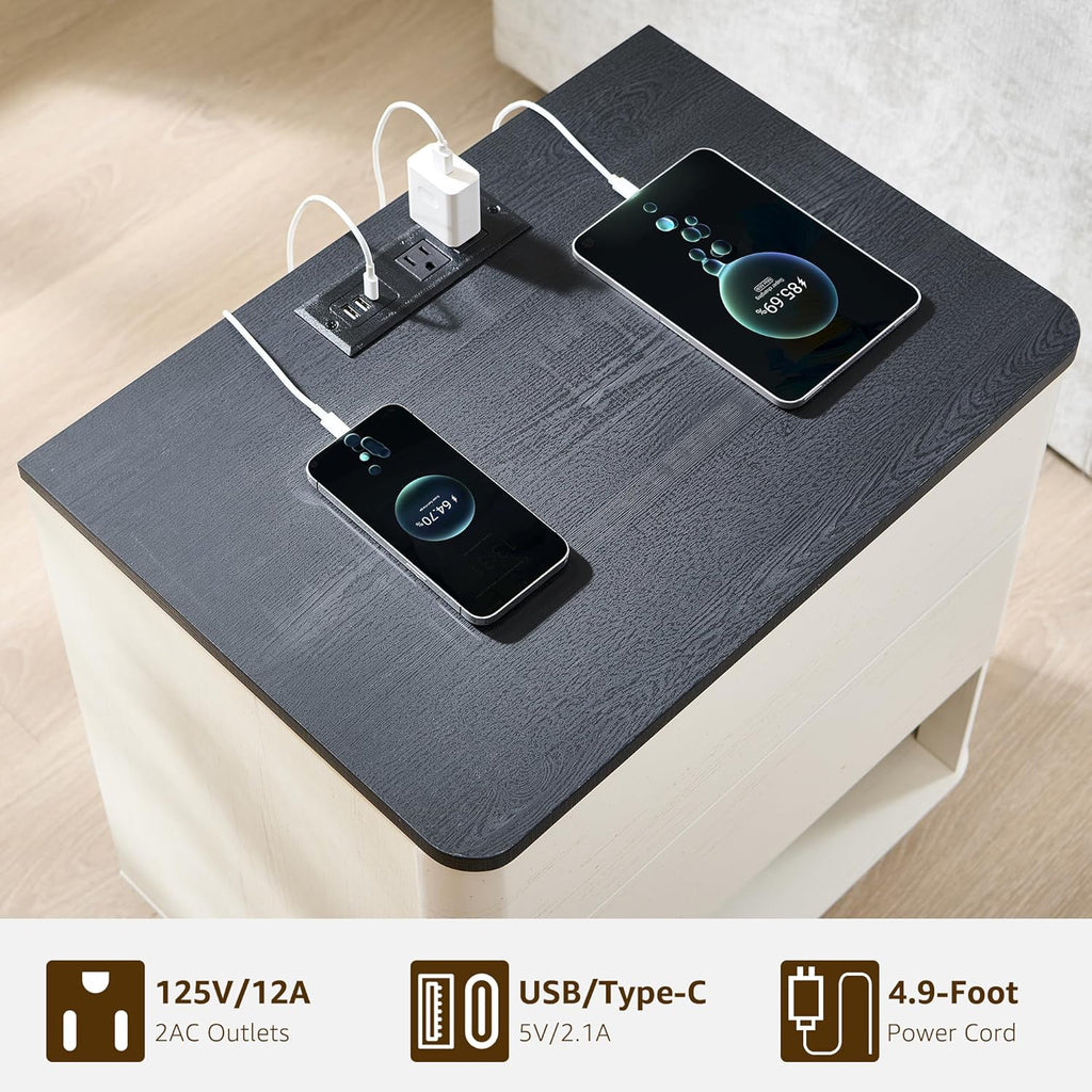 ACCOHOHO Nightstand with Charging Station, 22" Push-to-Open Bedside Table with 2 Storage Drawers, Large Modern End Table for Bedroom,Living Room,White