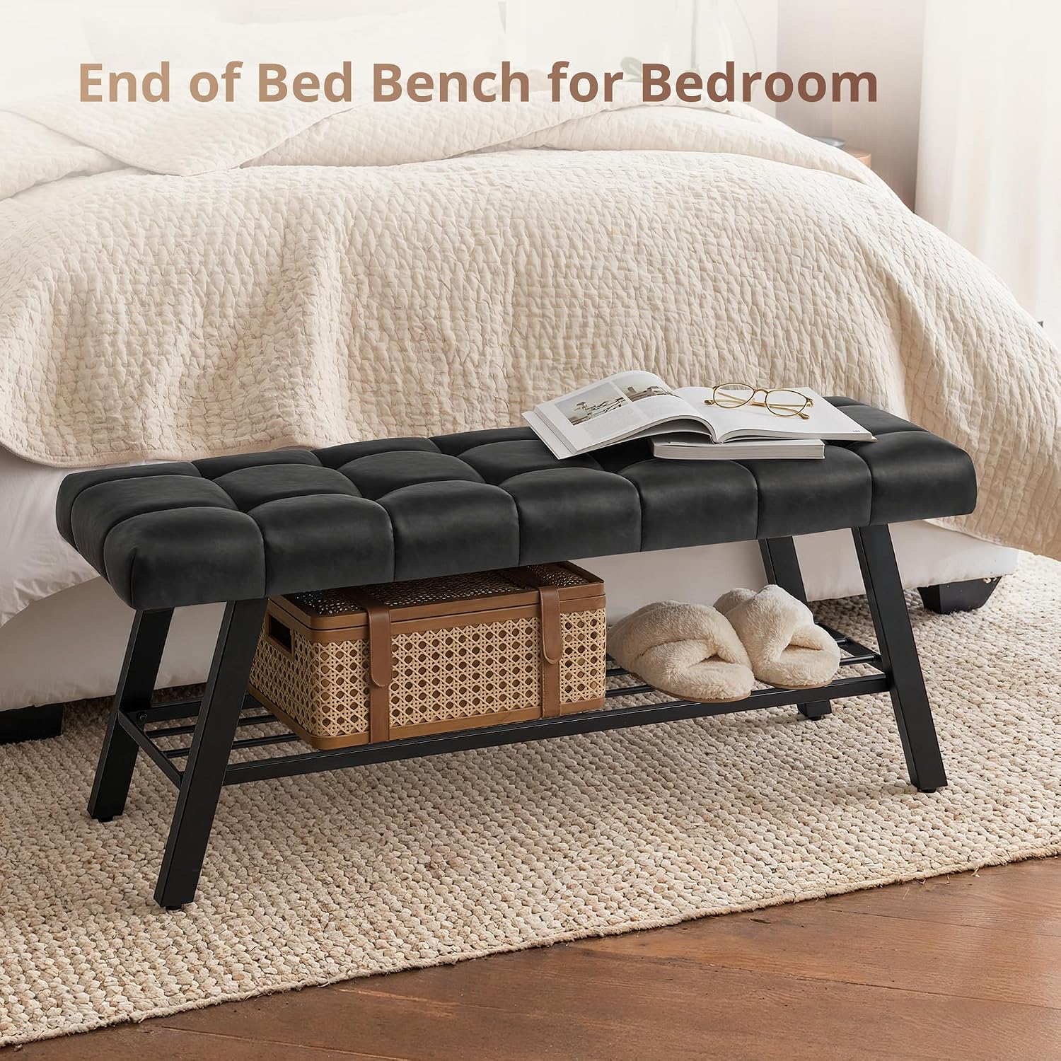 LUE BONA 45" Entryway Bench with Storage Shelf, End of Bed Bench with Tufted Faux Leather Seat, Bedroom Bench with Metal Frame, 330 LBS Capacity for Entryway, Living Room, Hallway, Black
