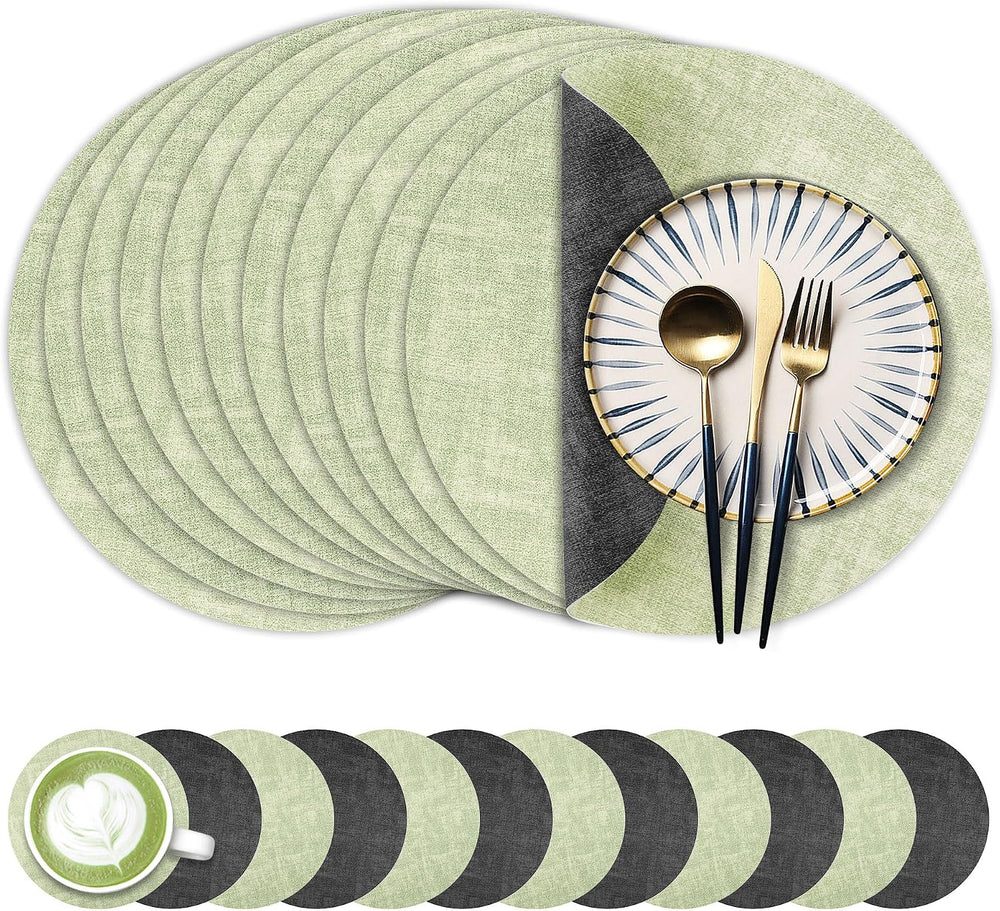 Fyvva Placemats Set of 12, 13" Round Reversible Faux Leather with Coasters