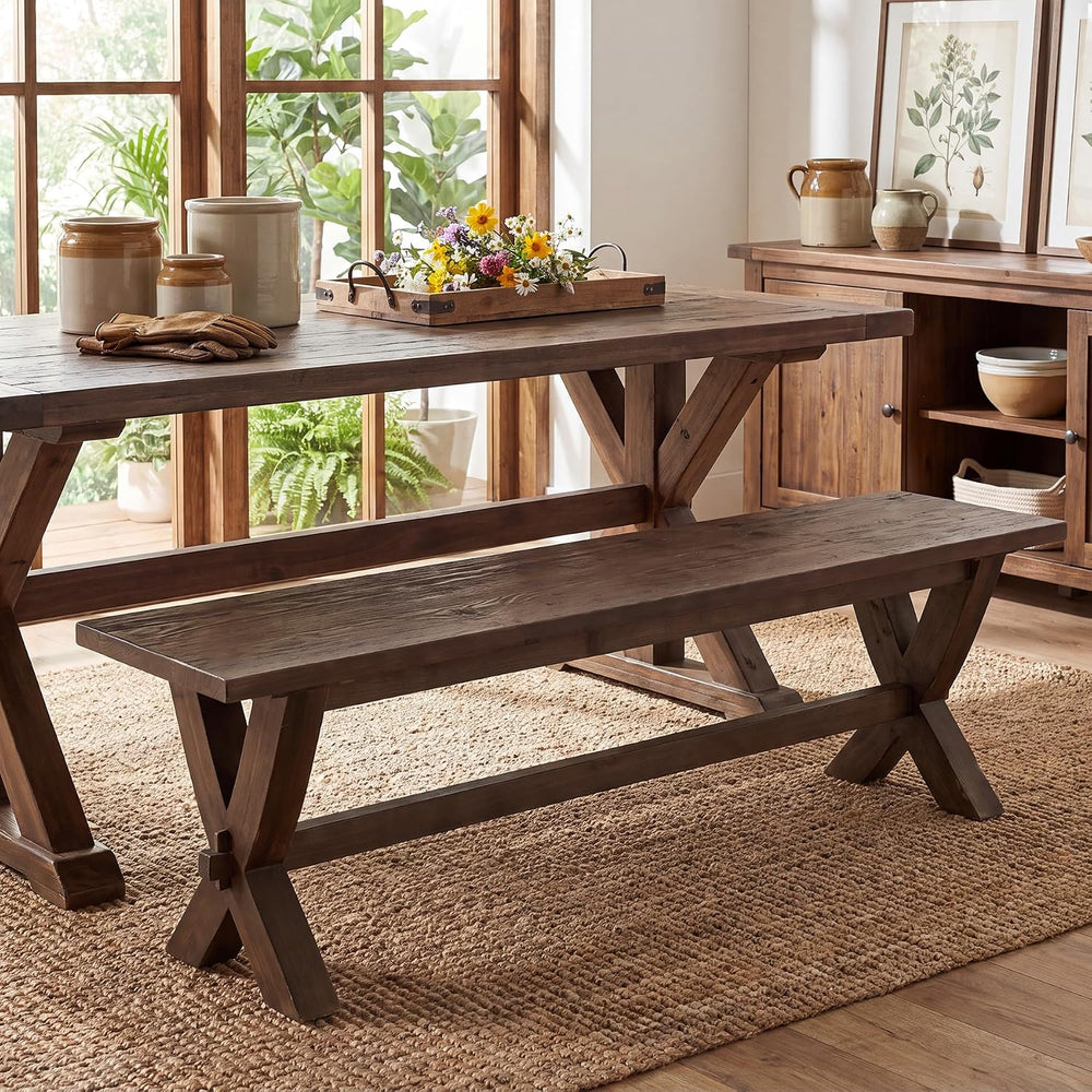 59" Solid Wood Entryway Bench, Farmhouse Long Dining Bench Seat with X-S...