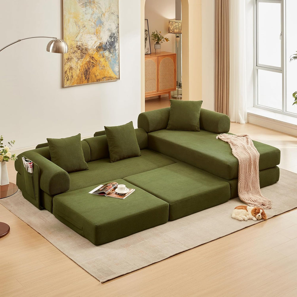 L Shaped Modular Sofa Bed with Cylindrical Pillow & Reversible Chaise, Co...