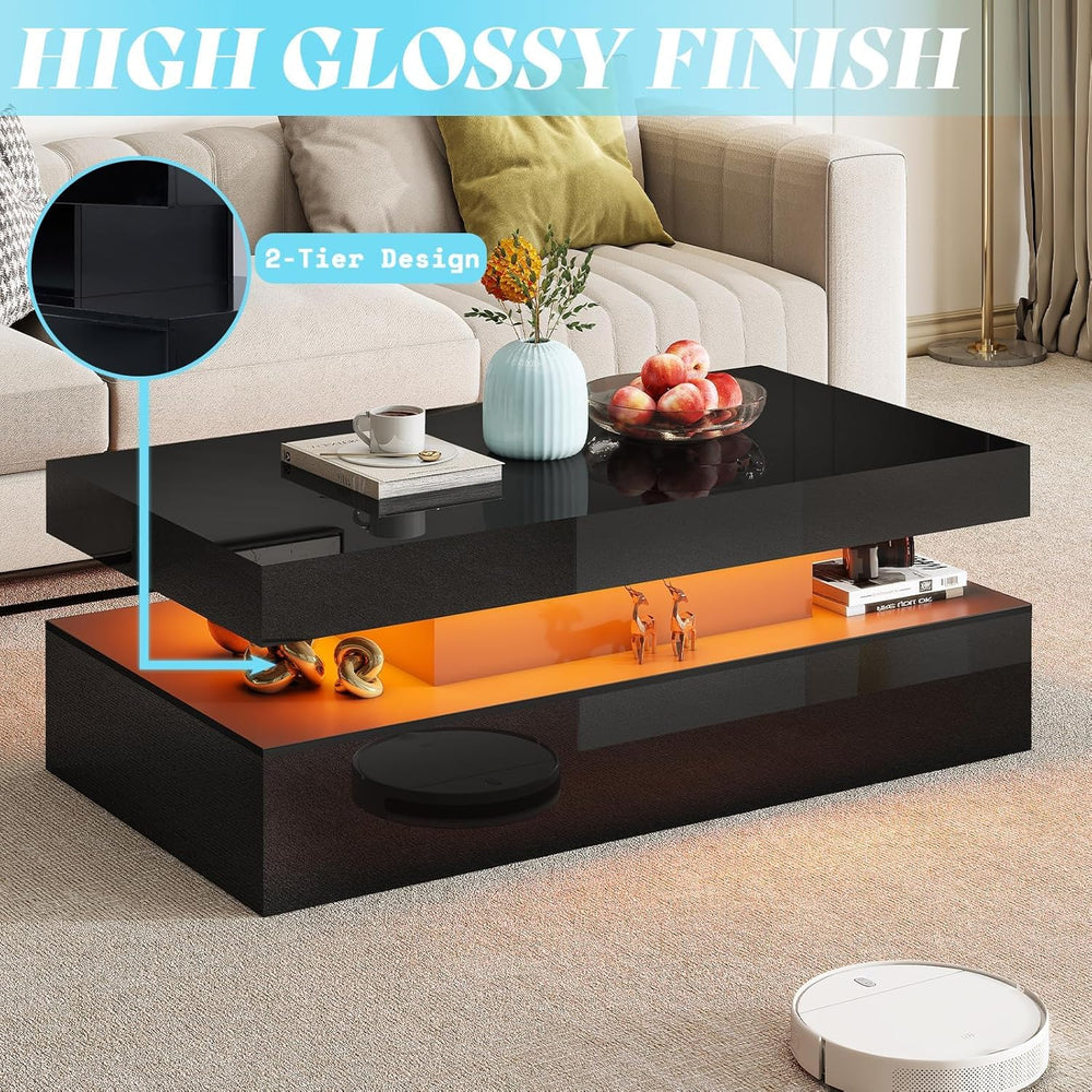 AMERLIFE High Gloss 3 Pieces Living Room Table Set, Modern LED Coffee Table S...