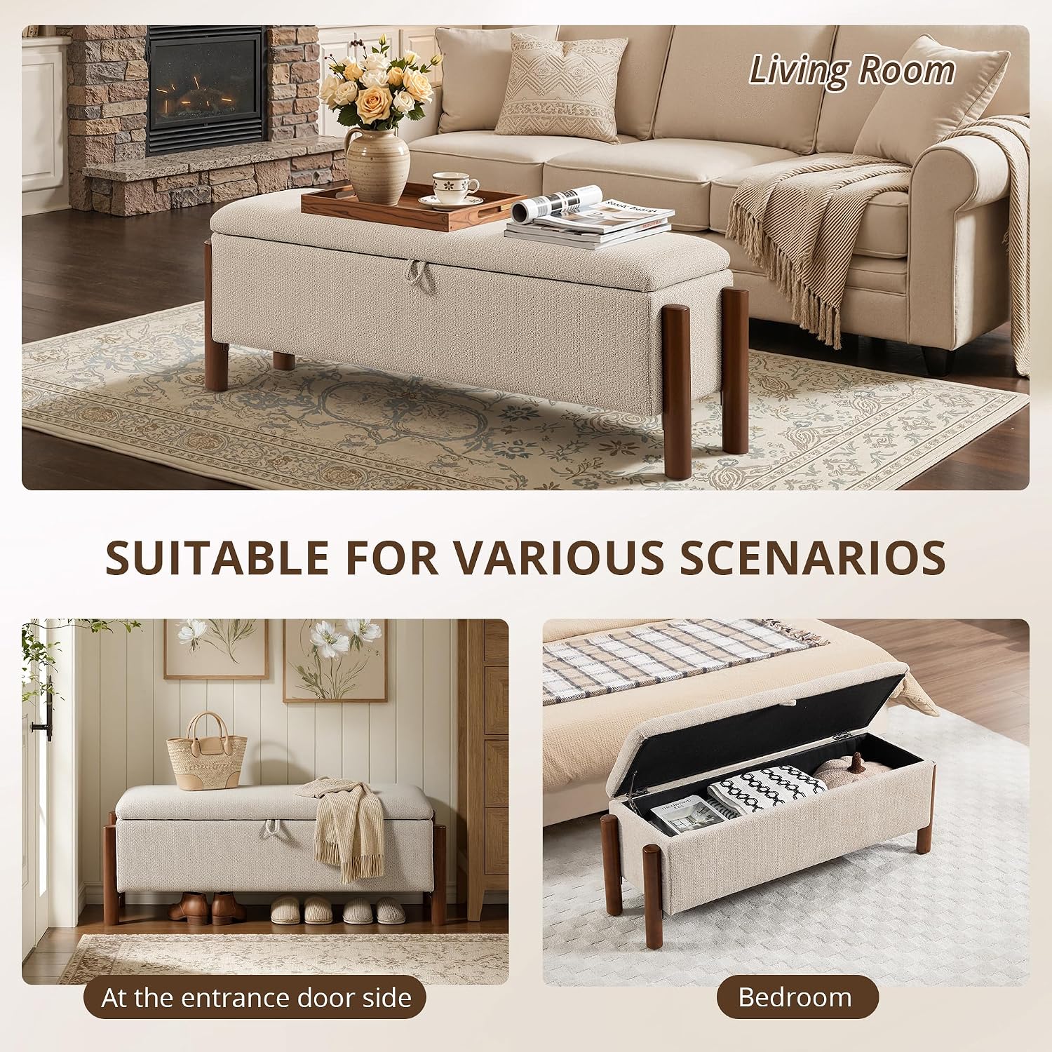 47'' Modern Storage Ottoman Benches with Walnut Wood Legs Ottoman Bench with 22 Gallons Storage Space Fabric Upholstered Seating End of Bed Bench for Bedroom for Livingroom Beige