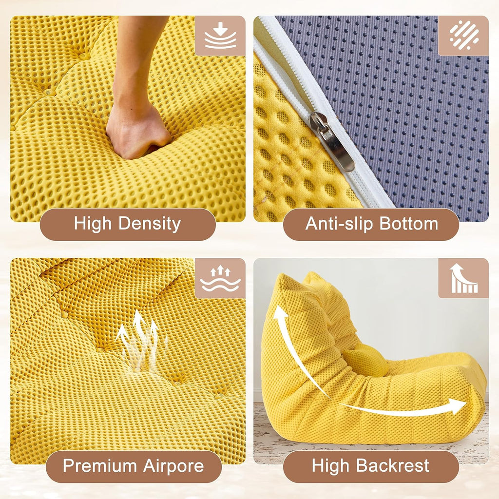 Bean Bag Chair for Adults - Large Bean Bag with Three Pillows, Oversized Boneless Chair with High-Rebound Memory Foam, Lazy Floor Sofa for Reading, Living Room, Bedroom (3-Seater, Yellow)