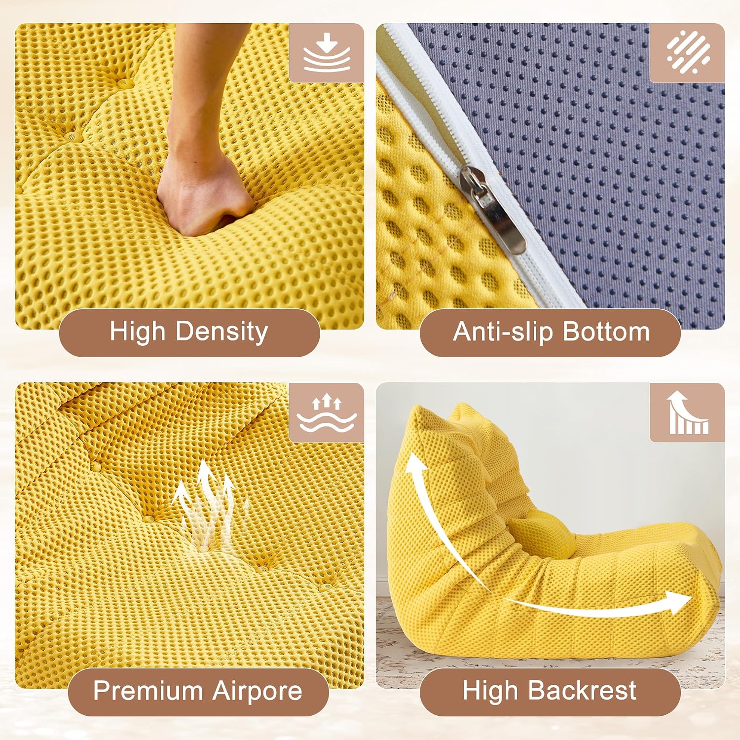 Bean Bag Chair for Adults - Large Bean Bag with Three Pillows, Oversized Boneless Chair with High-Rebound Memory Foam, Lazy Floor Sofa for Reading, Living Room, Bedroom (3-Seater, Yellow)