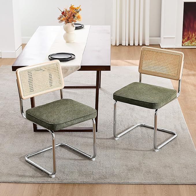 Zesthouse Natural Rattan Dining Chairs Set of 4, Mid Century Modern Dining Chairs with Solid Wood Back & Chrome Base, for Kitchen Living Room, Breuer Design Inspired, Upholstered Linen Fabric, Green