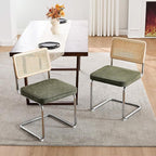 Zesthouse Natural Rattan Dining Chairs Set of 2, Mid Century Modern Dining Chairs with Solid Wood Back & Chrome Base, for Kitchen Living Room, Breuer Design Inspired, Upholstered Linen Fabric, Green