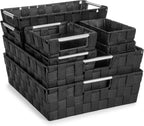 Sorbus Set of 9 Woven Storage Baskets – Mesh Hand-Woven Baskets for Organizing, Fabric Storage Bins for Linen Closet Organizer, Storage Baskets for Shelves, Home Organization and Decor (Black)