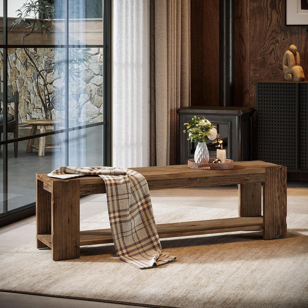 Solid Wood Entryway Bench with Storage Shelf, 55.12-Inch 2-Tier Wood Shoe Ben...