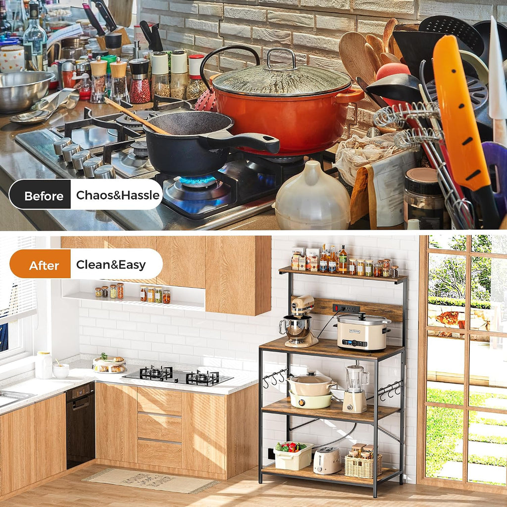 VUSIGN Kitchen Bakers Rack with Power Outlet, 31.5 Inch Coffee Bar Station with 6 S Hooks, 4 Tiers Microwave Stand with Storage, Kitchen Stand for Pots/Pans/Spices, Rustic Brown
