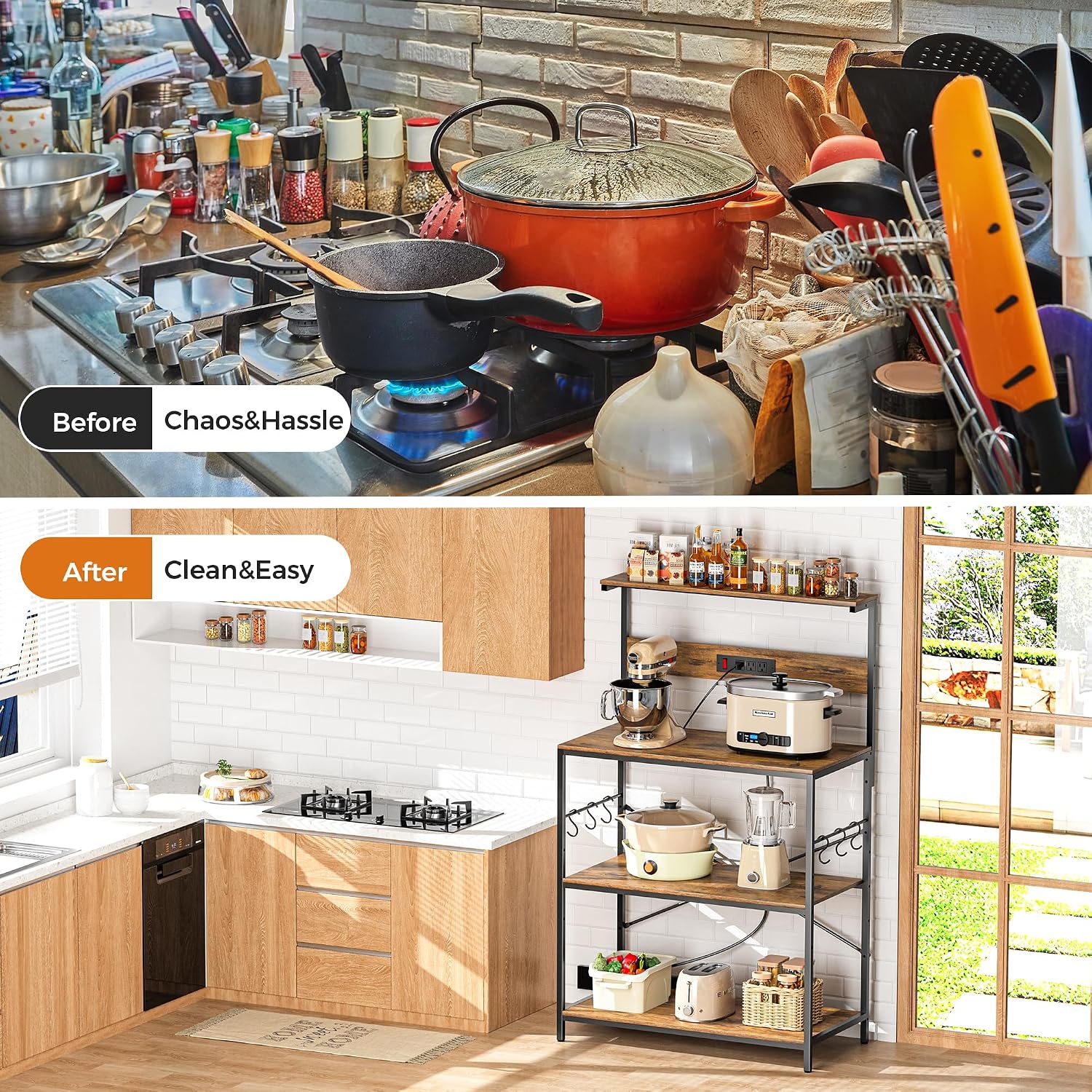 VUSIGN Kitchen Bakers Rack with Power Outlet, 31.5 Inch Coffee Bar Station with 6 S Hooks, 4 Tiers Microwave Stand with Storage, Kitchen Stand for Pots/Pans/Spices, Rustic Brown