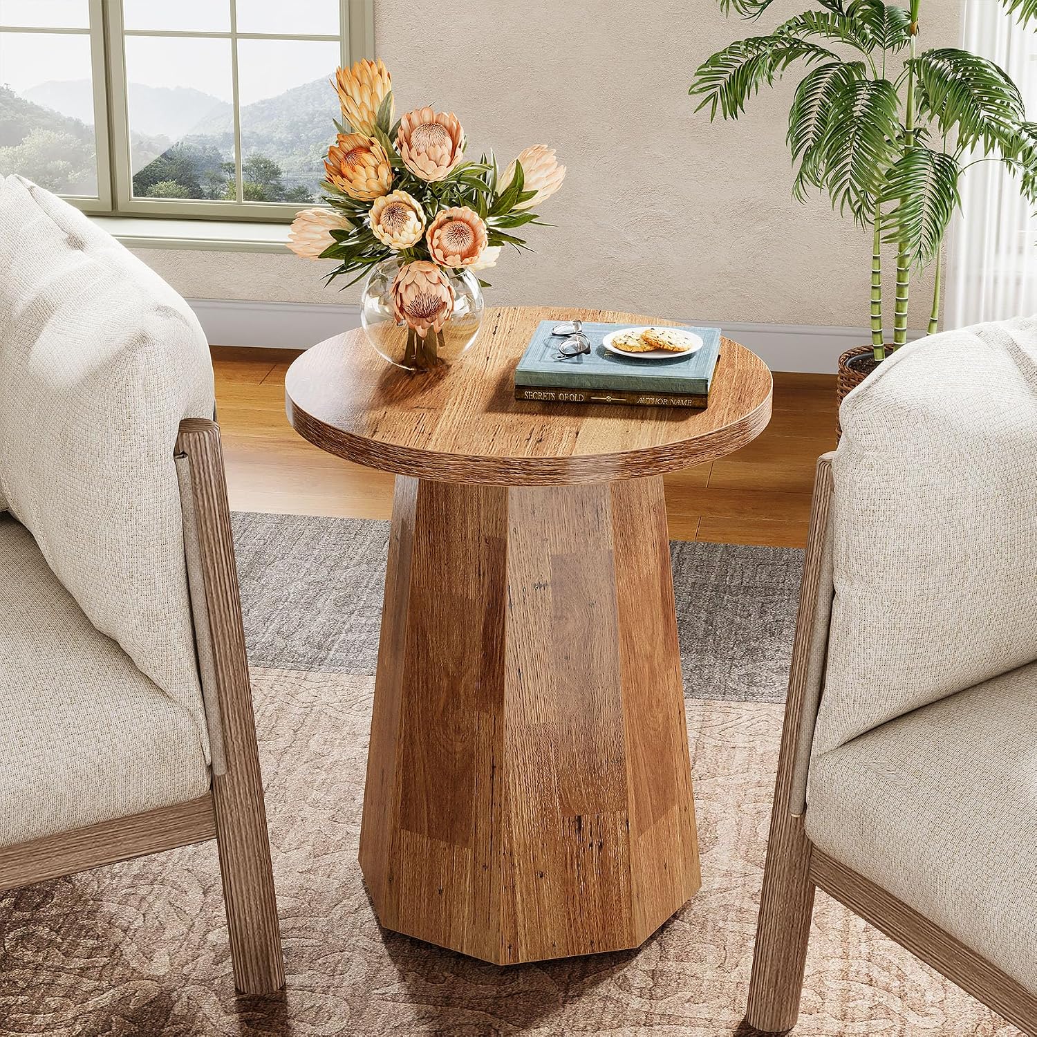 Tribesigns Round Pedestal End Table, Farmhouse Couch Side Table with Octagonal Base, Wooden Drink Stand Accent Nightstand(1, Walnut)