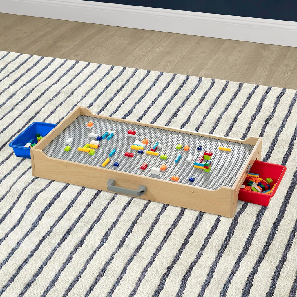 Delta Children Play N Store Building Bricks Play Table with 100+ Play Bricks Included - Large Brick Plate Compatible with LEGO, MegaBlocks & More - Legs Fold for Easy Under Bed Storage, Grey
