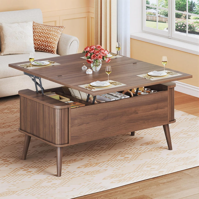 HUAHUU Lift Top Coffee Table with Storage, 40" Square Coffee Table with 3 Hidden Compartments, Modern Center Table with Lifting top, Converts to Dining Table for Living Room, Home Office, Walnut