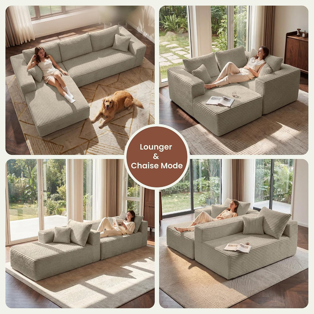 107" Oversized Boneless Couch, Left-Facing Modular Sectional Sofa | All Foam Floor Sofa with Deep Seat Chaise, Fluffy Corduroy Modern Couch No Assembly, Flexible Combination for Home | Oatmeal