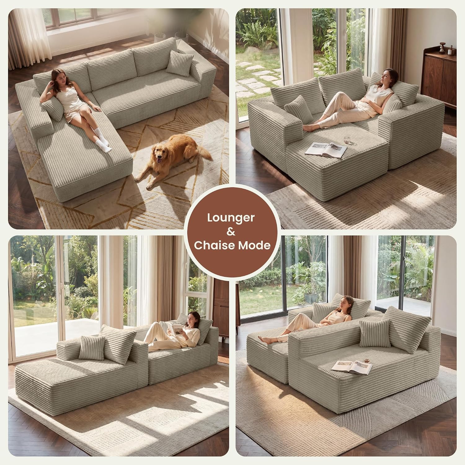 107" Oversized Boneless Couch, Left-Facing Modular Sectional Sofa | All Foam Floor Sofa with Deep Seat Chaise, Fluffy Corduroy Modern Couch No Assembly, Flexible Combination for Home | Oatmeal