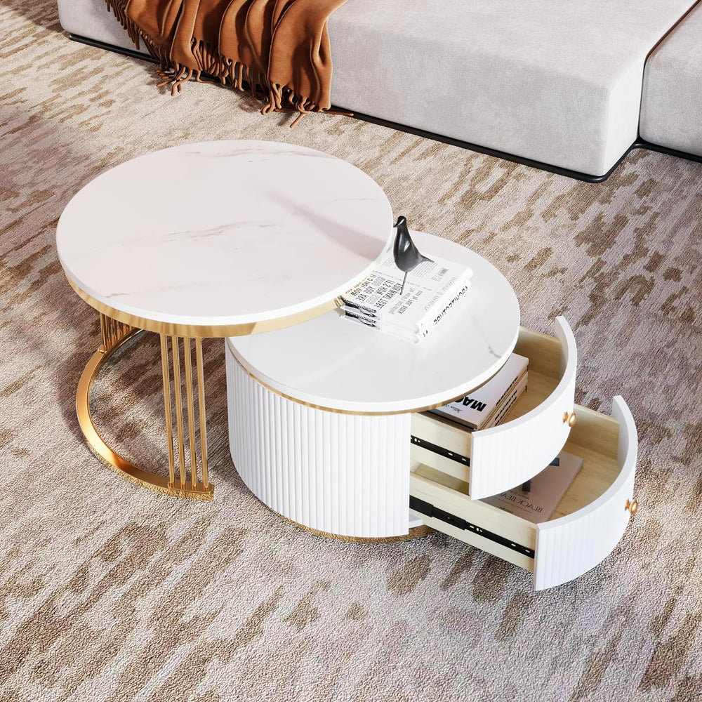 WILLIAMSPACE 27.6" Round Nesting Coffee Table with 2 Drawers, Modern Woo...