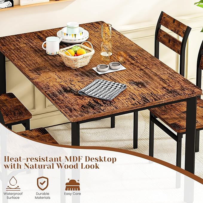 Recaceik Dining Table Set for 4 Wood Kitchen Table Chairs Set, 47 '' Farmhouse 5 Piece Dining Room Table Set, Space-Saving Dinette Set for Breakfast Nook, Apartment, Brown