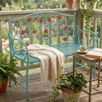 DIBRATY Rose Metal Entryway Bench, 2-Seater Vintage Foyer Bench, Blue | Garden Bench, with Scroll Armrest & Rose Leaf Pattern Backrest, Retro Distressed, for Porch, Living Room