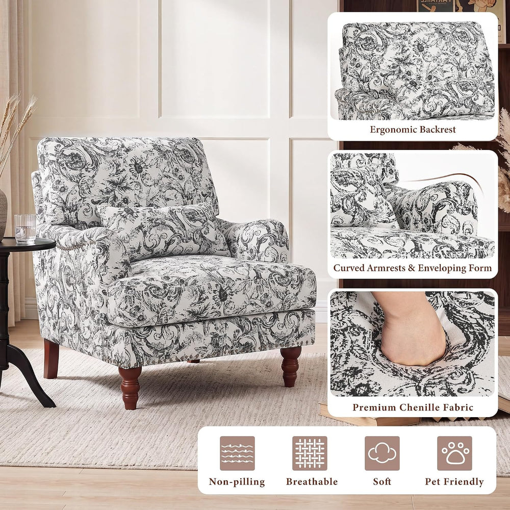 Floral Accent Chairs Set of 2, Chenille Armchair, Rococo Black