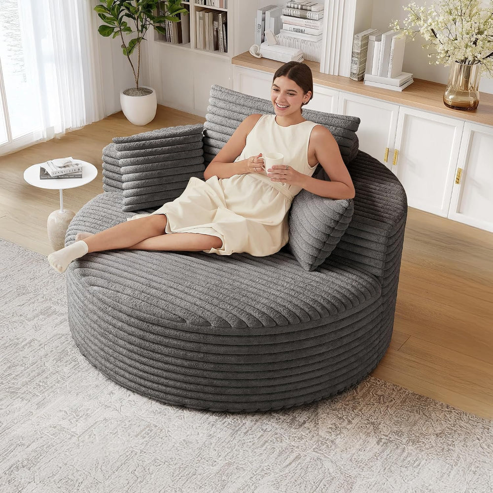 Oversized Round Chaise Lounge, 50" Corduroy Chair, Grey | Deep Seat Sing...