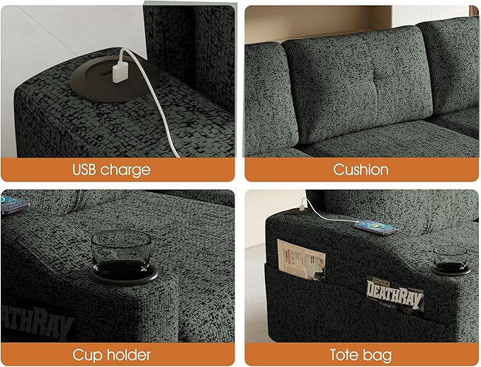Ball & Cast Modular L Shaped Sectional Sofa with Movable Storage Ottoman,3 Seater Comfy Cloud Couch W/Cupholders and USB Ports,Linen Fabric Sofa for Living Room,Apartment,Small Space,Green,78"