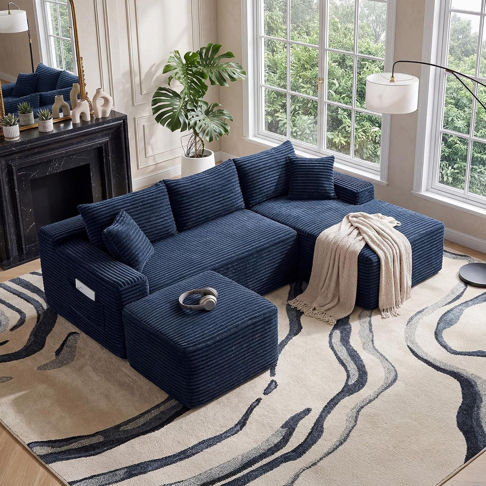 Blue Oversized Sectional Couches with Ottoman. Right Face Chaise | L shaped m...