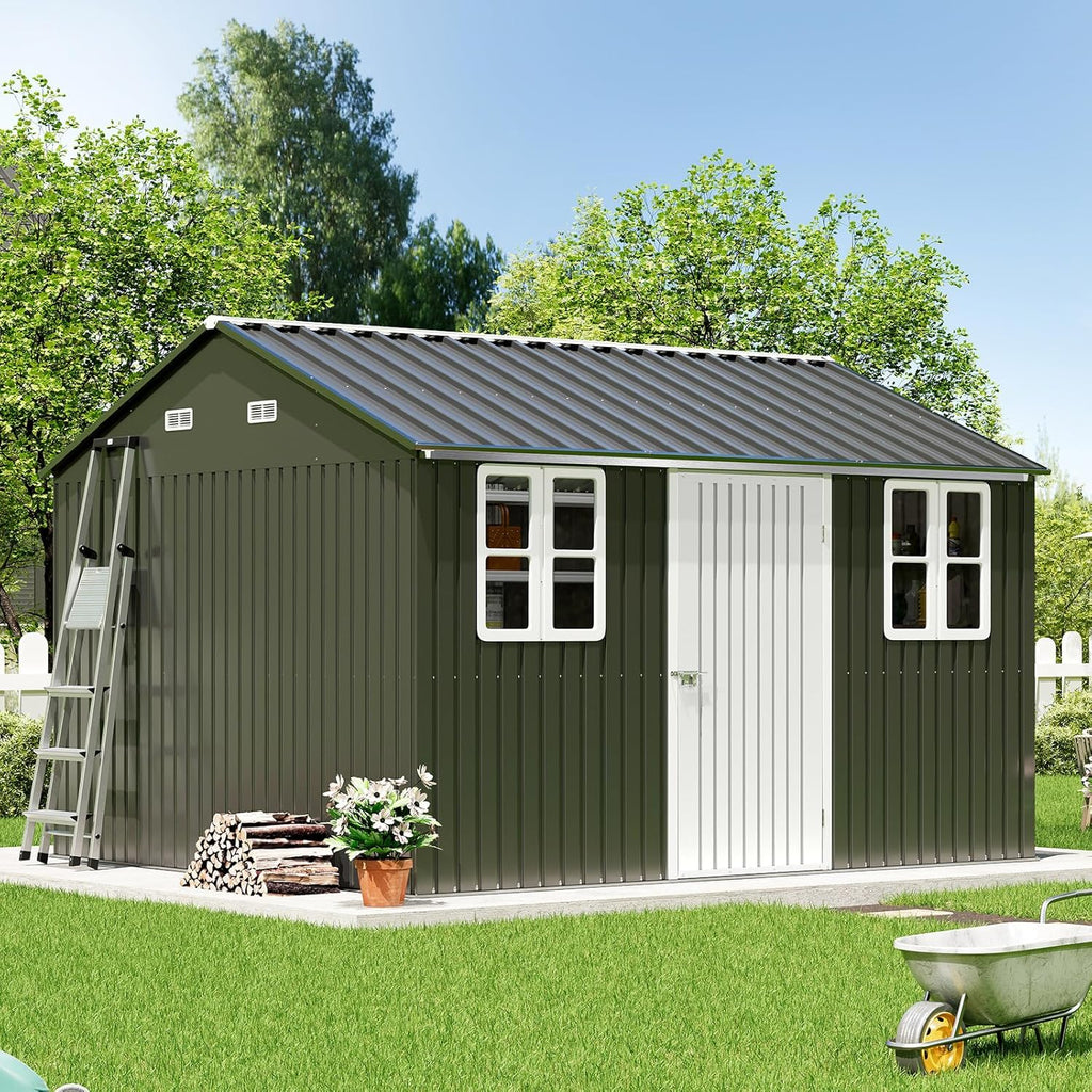 VanAcc 12x10.3x8.1 FT Galvanized Steel Outdoor Storage Shed with a Lockable Hinged Door and 2 Windows, Metal shed for Garden, Backyard, Dark Grey/White