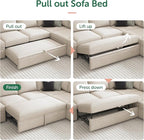 HONBAY Sleeper Sectional Couch with Pull Out Bed, Modular Sofa with Storage Seats, U Shaped Sectional Couches for Living Room, Beige