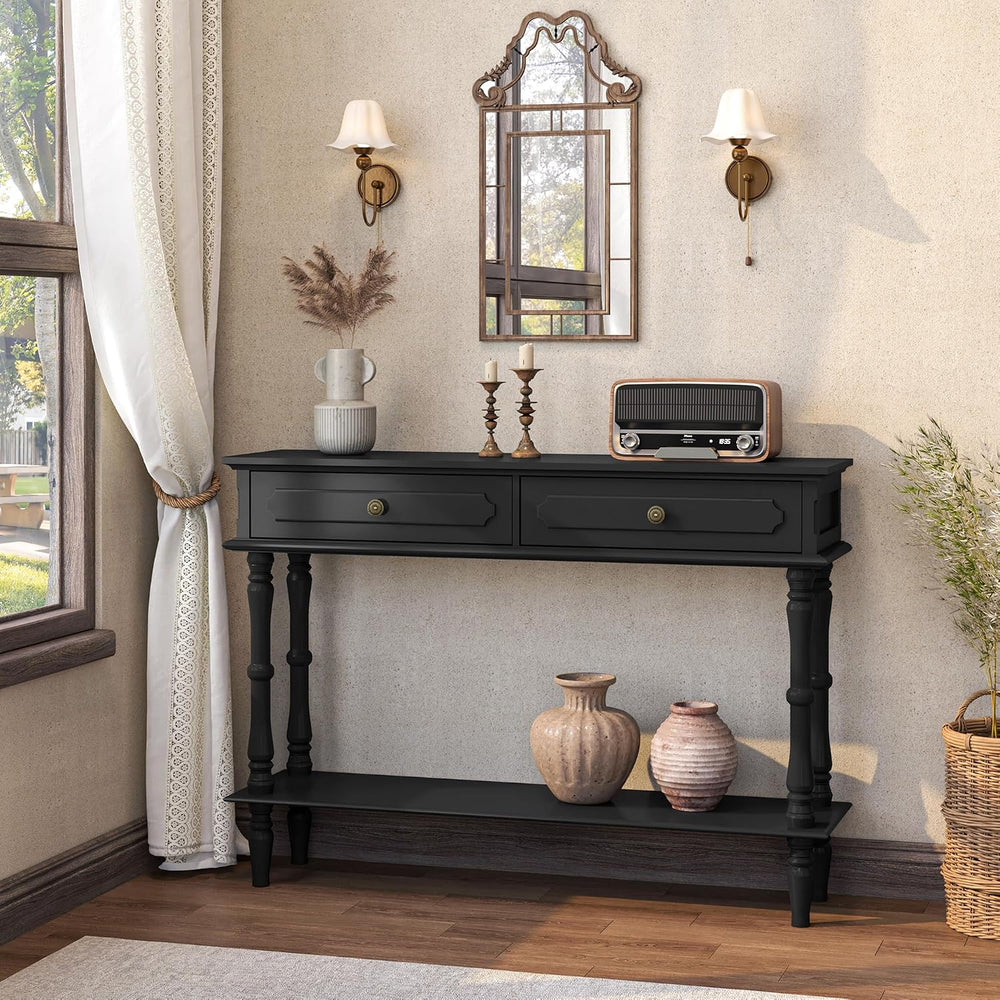Console Table with 2 Drawers&Open Shelf, Black Retro Entryway Table | Dec...