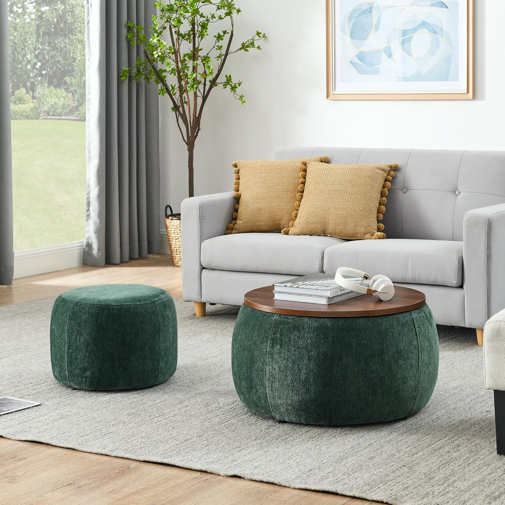 2Pcs Round Storage Ottoman, 2 in 1 Function, Work as End Table and Ottoman，Ch...