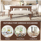 Merax 6-Piece Dining Set, Rectangle Kitchen Table with 4 Upholstered Chairs & Bench, Ideal for Dining Room and Living Room, Walnut