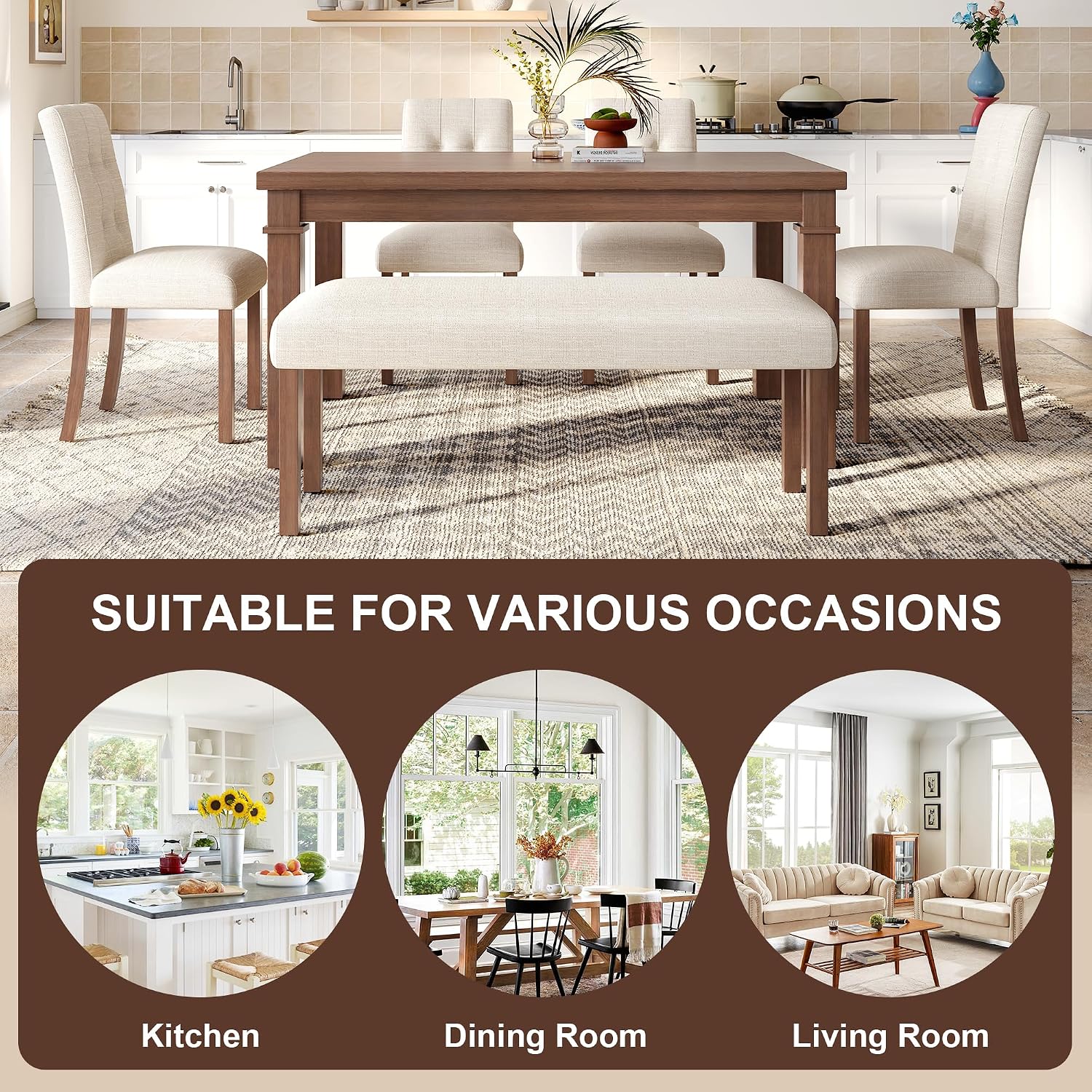 Merax 6-Piece Dining Set, Rectangle Kitchen Table with 4 Upholstered Chairs & Bench, Ideal for Dining Room and Living Room, Walnut