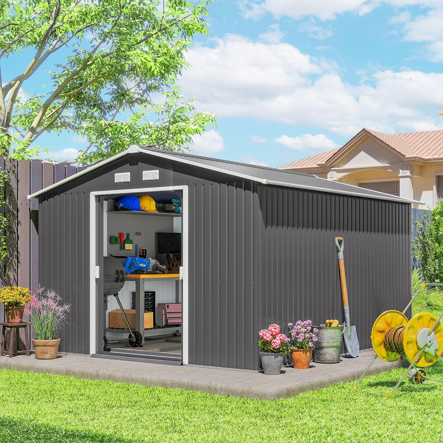 Outsunny 11' x 9' Outdoor Storage Shed, Garden Tool Metal Shed with Foundation Kit, Double Lockable Door, Air Vents and Sloping Roof, for Backyard, Patio, Lawn, Gray