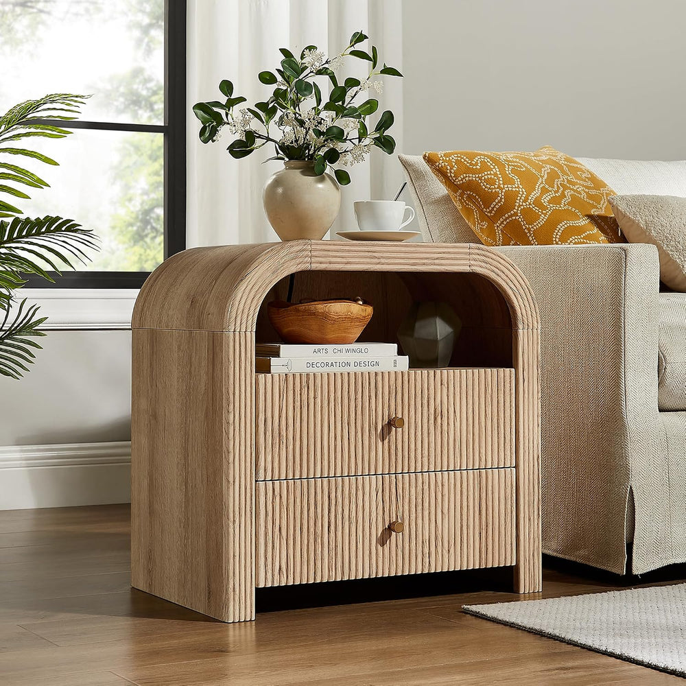 T4TREAM 24" Fluted Nightstand Set of 2 with Charging Station, Natural Oa...