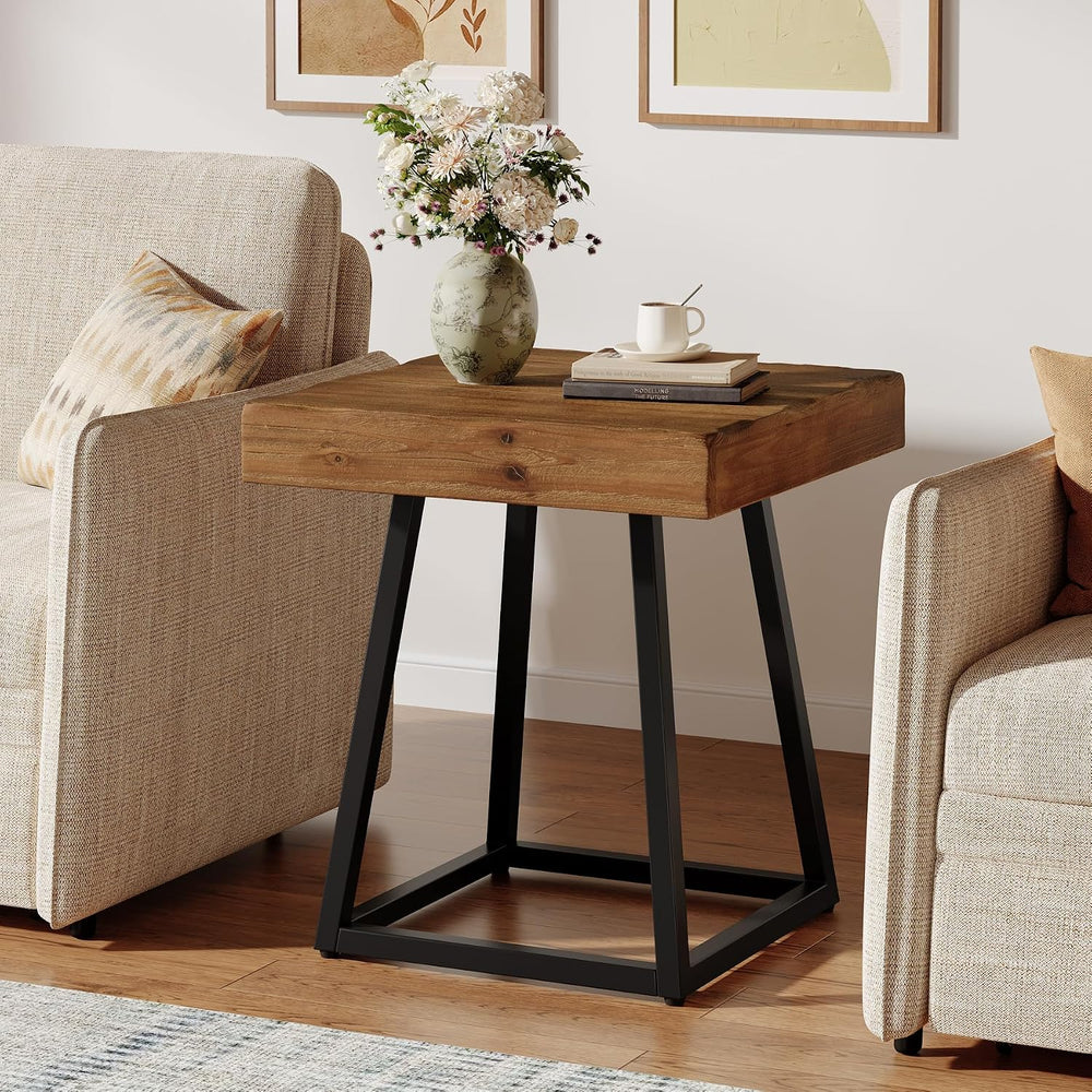 2pcs Solid Wood End Table, 19.7" Square Side Table with Metal Frame, Ind...