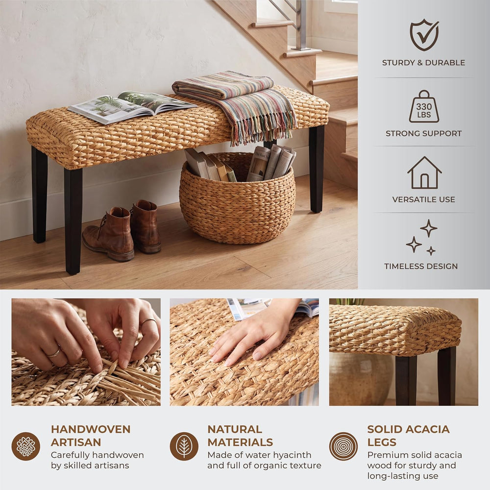 Solid Wood Acacia Indoor Bench, Water Hyacinth Seat, Black Leg, Plait Style |...