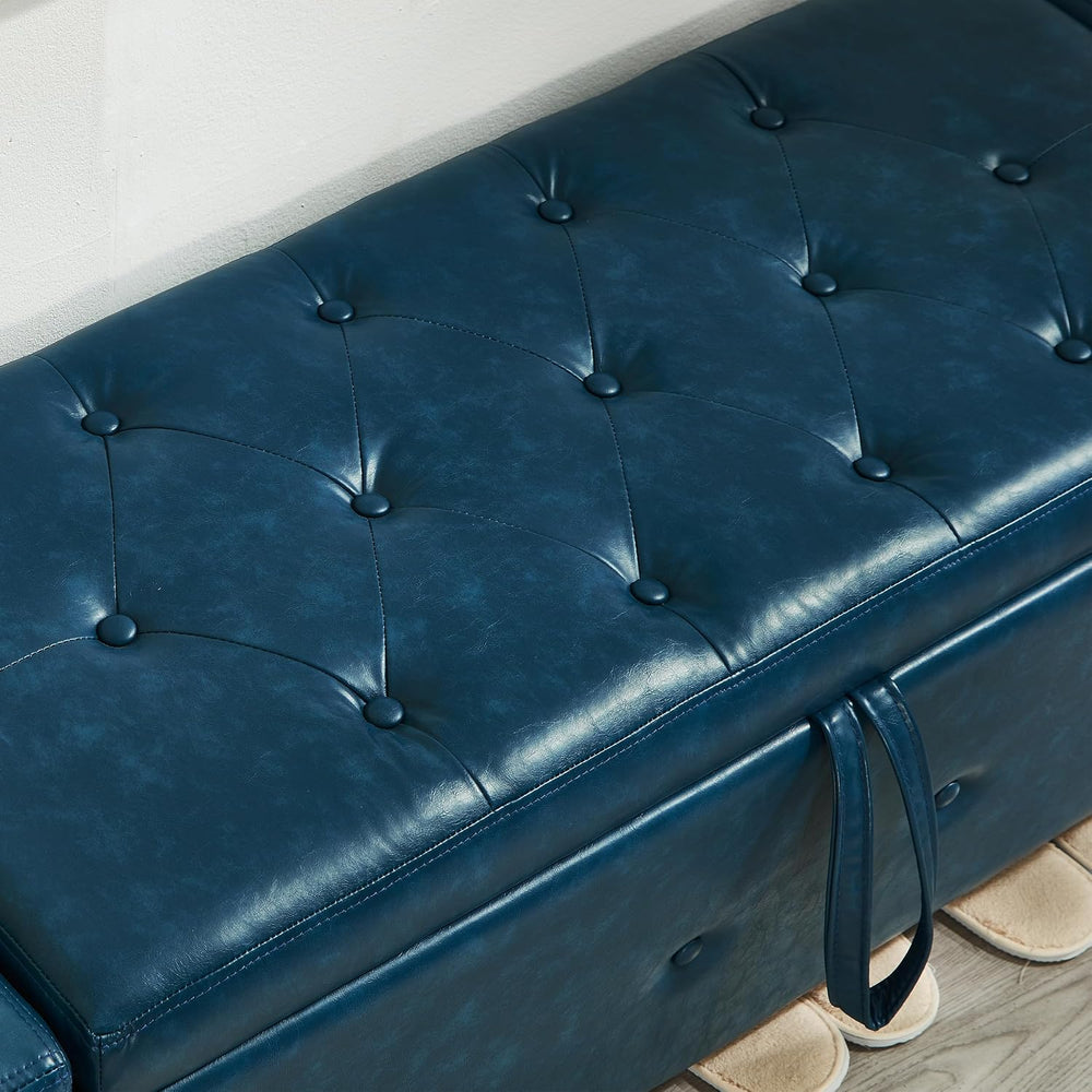 48" Storage Ottoman Bench, Blue | Faux Leather, Lift Top, For Living Roo...