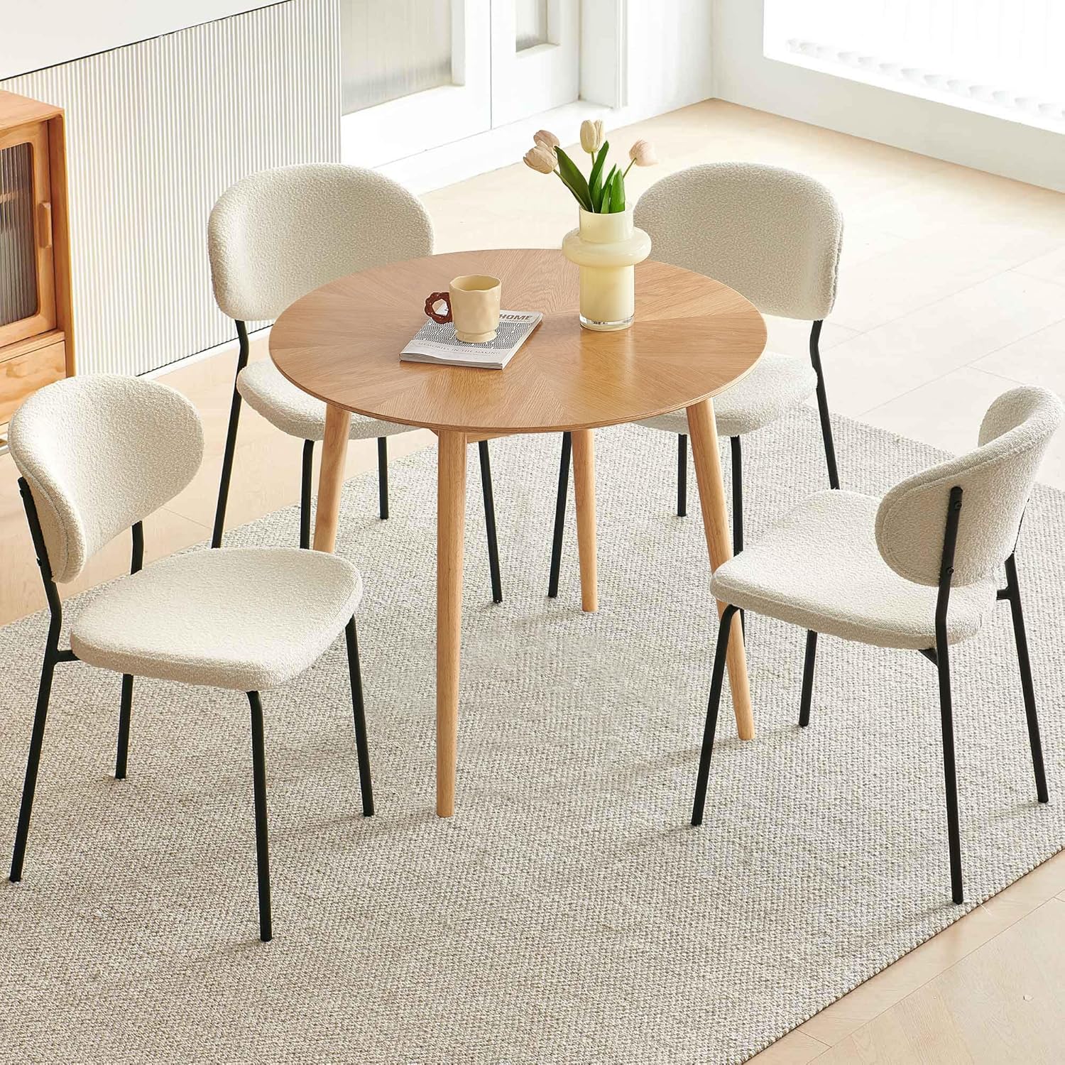 35'' Round Dining Table Set for 4 with Chairs, Mid Century Modern Round Kitchen Table and Chairs Set for Small Space, Compact Dining Table for Apartment Breakfast Nook - White