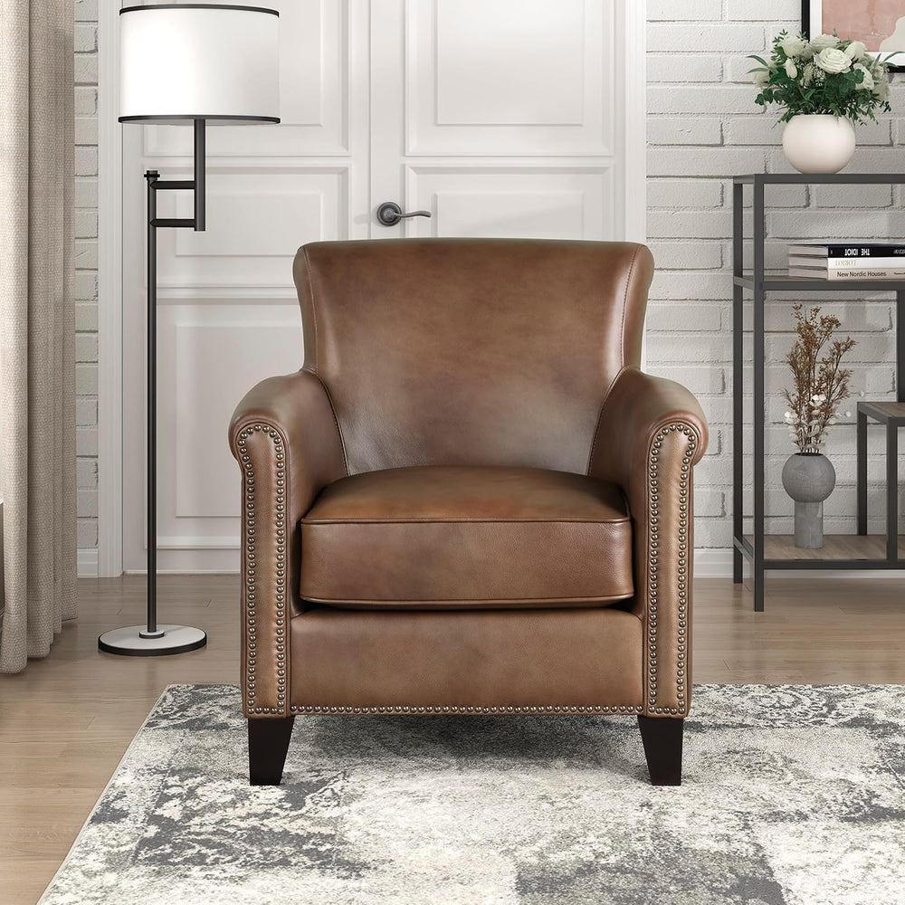 Lexicon Top Grain Genuine Leather Chair, Rolled Armrest, Classic Brown | Livi...