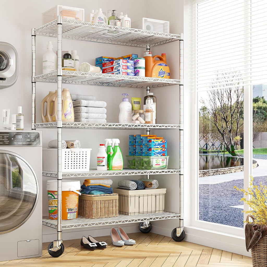 REIBII 72.8" Wire Shelving with Wheels,5 Tier 1653LBS Heavy Duty Shelves | Chrome rolling rack, 331 lbs/shelf, 5-tier, lockable wheels, rust-proof, adjustable height, tool-free, garage, kitchen