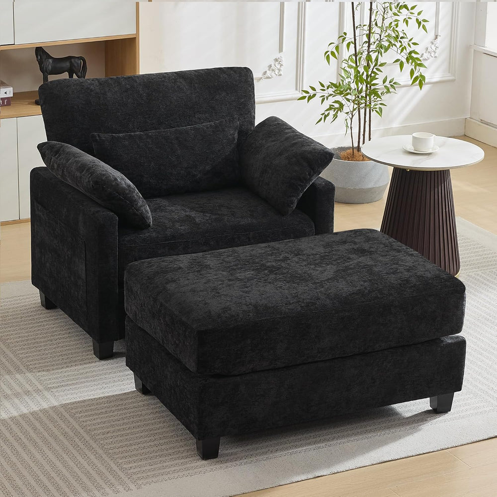 57.5" Oversized Chenille Chair with Movable Ottoman, Black Deep Seat Com...