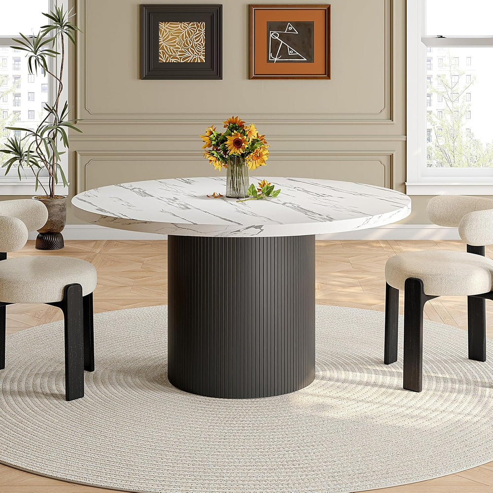 47 Inch Round Dining Table for 4, Circle Kitchen Table with Wood Strip Base, ...
