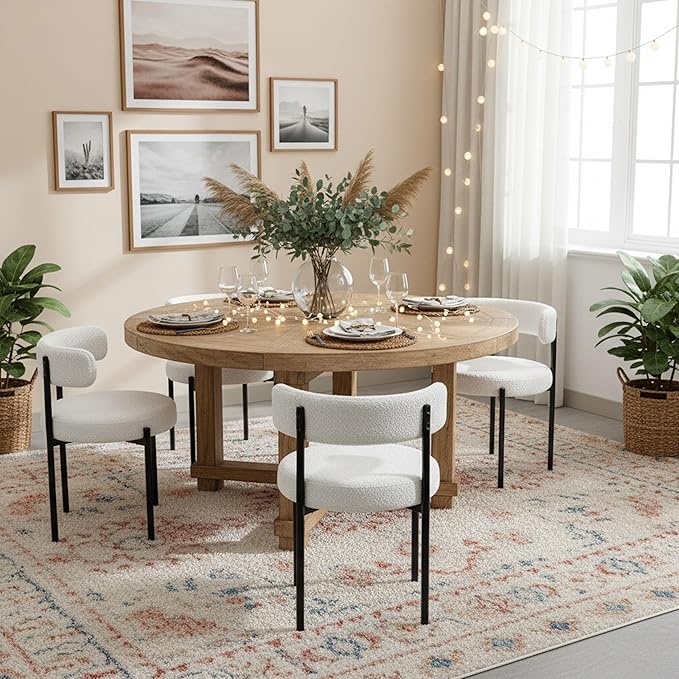 Boucle Dining Chairs Set of 6, White Dining Chairs with Upholstered Seat and Round Back, Mid-Century Modern Kitchen Chairs for Dining Room, Restaurant