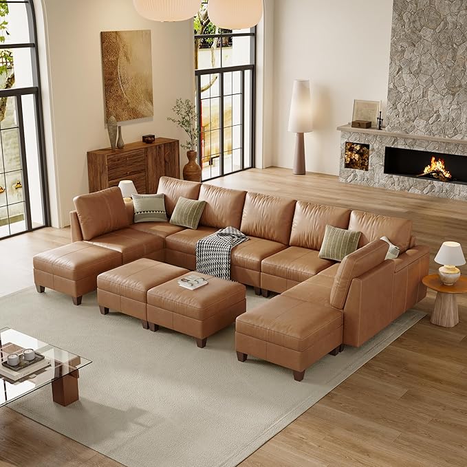 SITJOY 145" Faux Leather Modular Sectional Sofa with Storage, Mid Century Modern Sectional Couches for Living Room, Soft Padded Armrests, 11 Seat U Shaped Sofa Set with Chaise, Brown