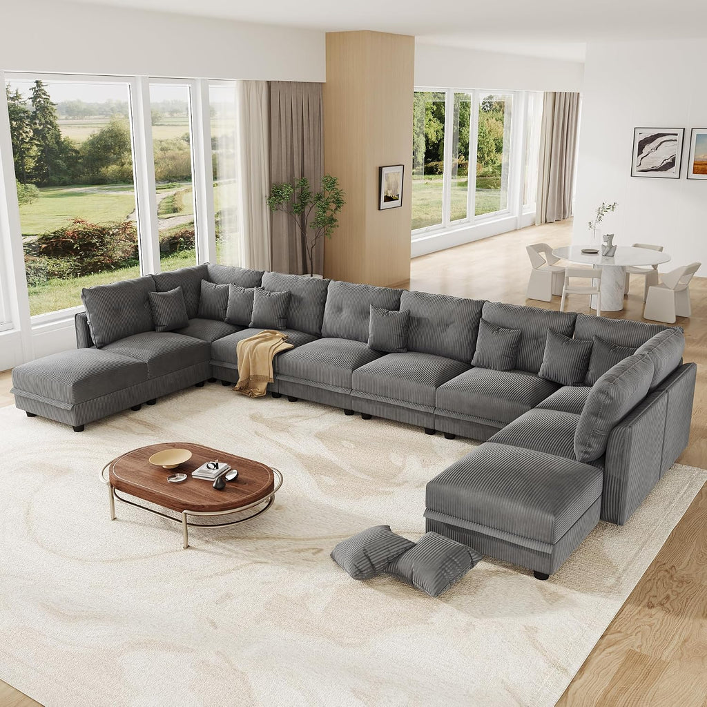 LLappuil 10 Seater Sectional Sofa with Storage, U Shaped Corduroy Modular Couch with 10 Throw Pillows, Convertible Pet-Friendly Sofas for Living Room & Large Space, Reconfigurable, Grey
