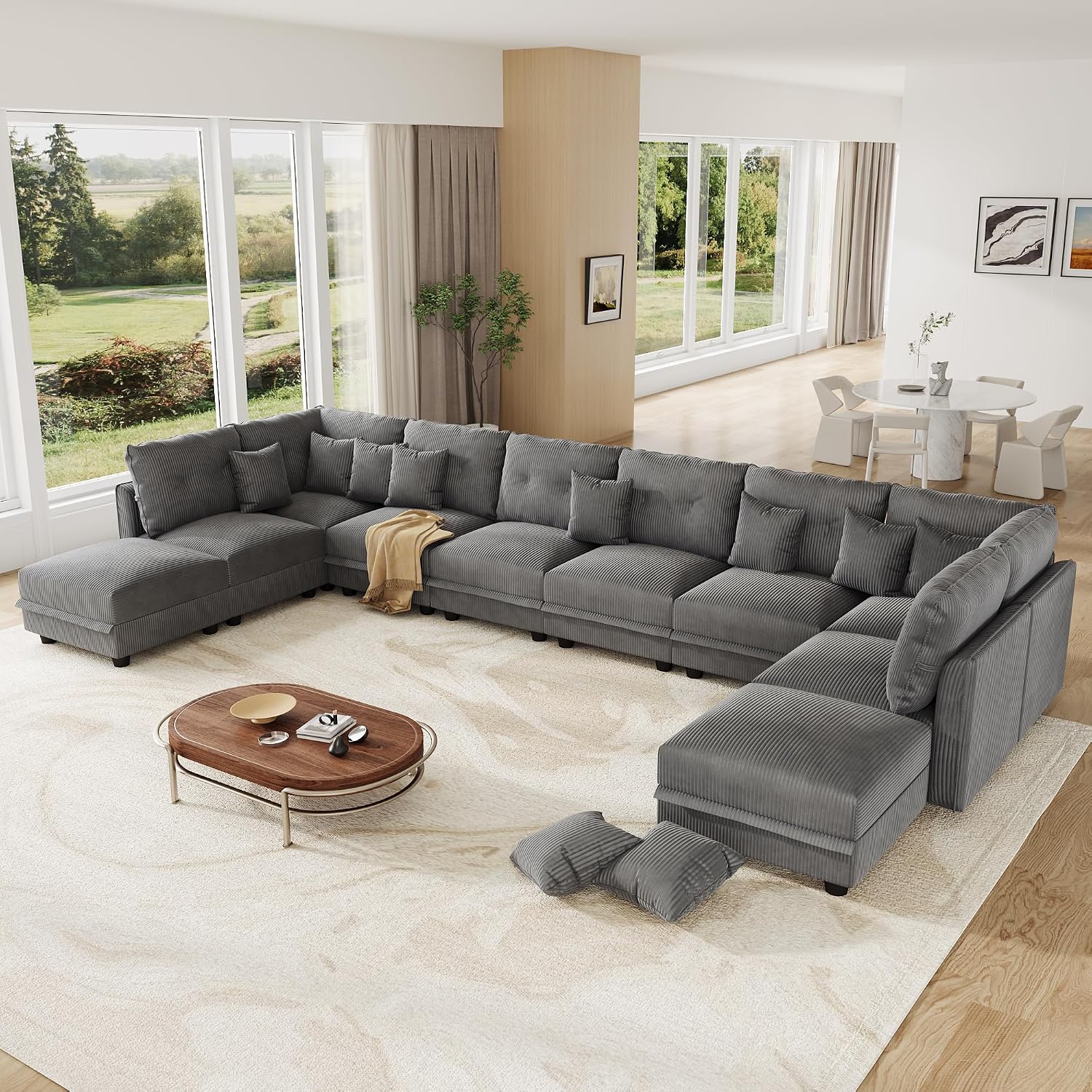 LLappuil 10 Seater Sectional Sofa with Storage, U Shaped Corduroy Modular Couch with 10 Throw Pillows, Convertible Pet-Friendly Sofas for Living Room & Large Space, Reconfigurable, Grey